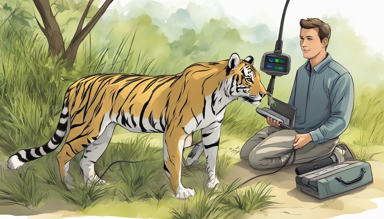 A GPS tracking device attached to a wild animal's collar, transmitting data to a computer for analysis and management