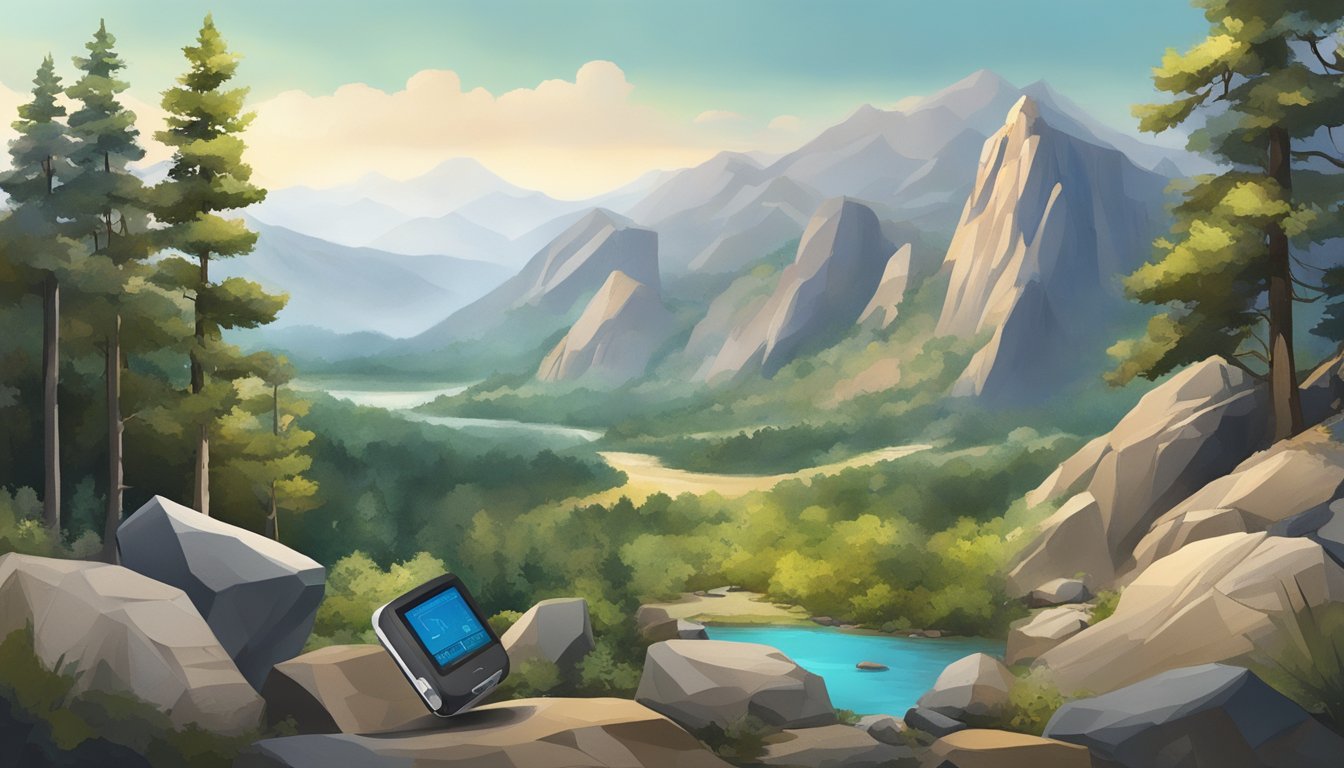 A rugged landscape with a GPS device nestled among trees and rocks, highlighting the balance between technology and nature in the wilderness