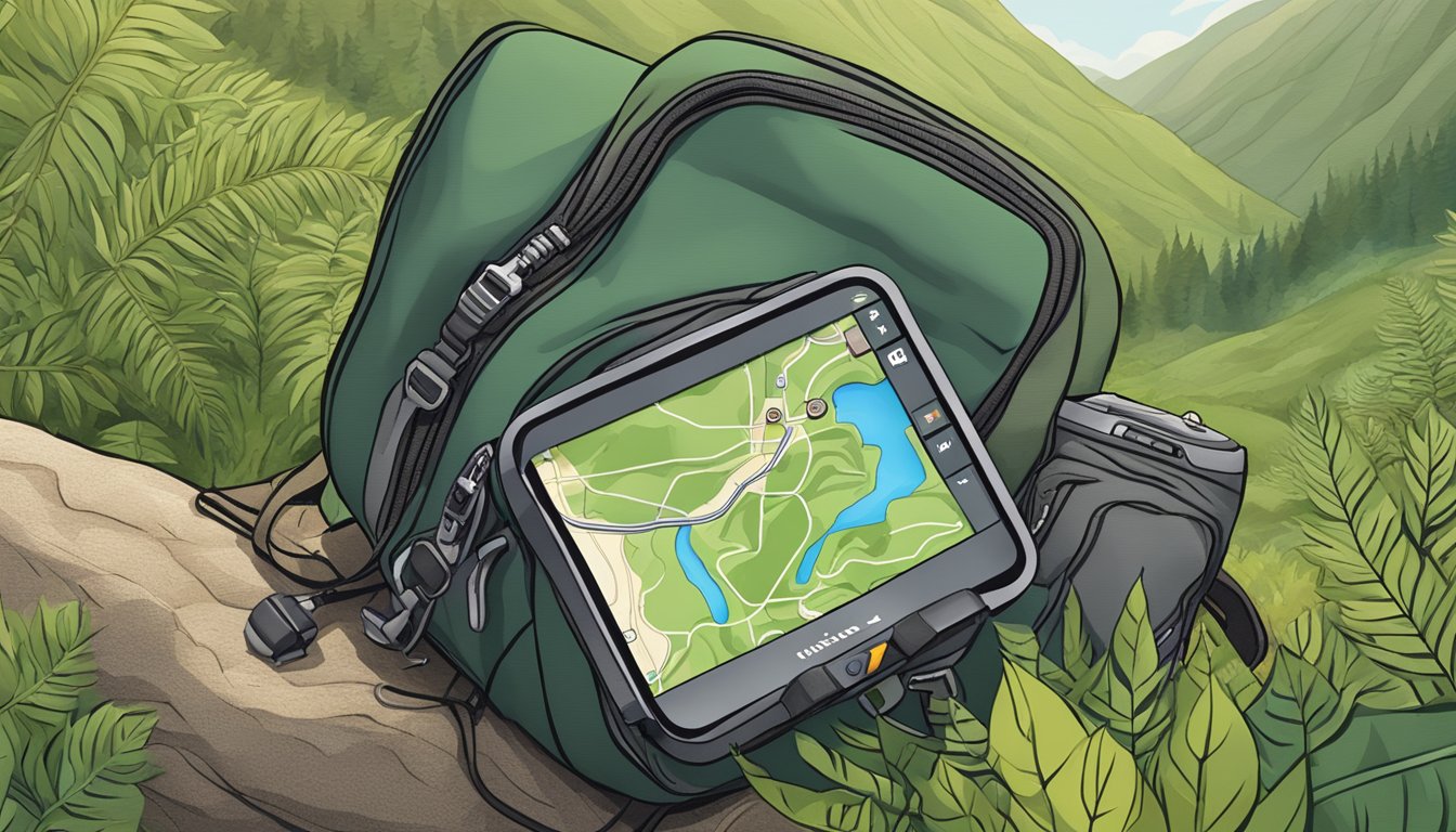 A GPS device attached to a hiking backpack in a lush, remote wilderness