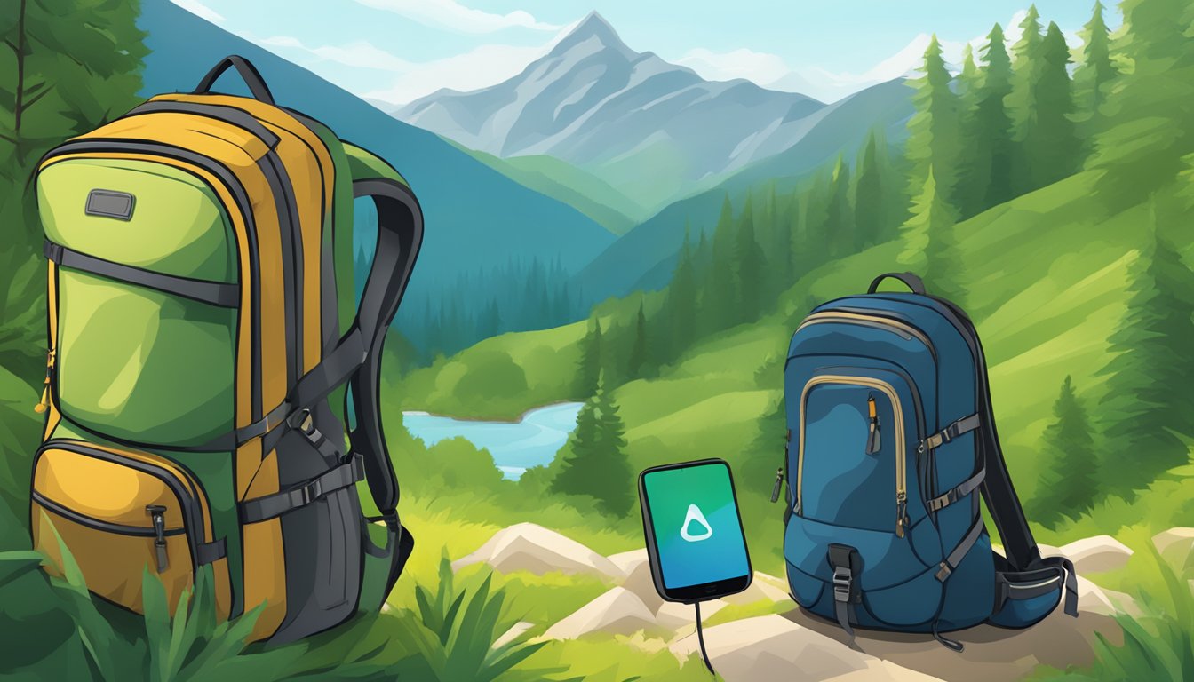 A GPS tracker attached to a hiking backpack in a lush, mountainous wilderness