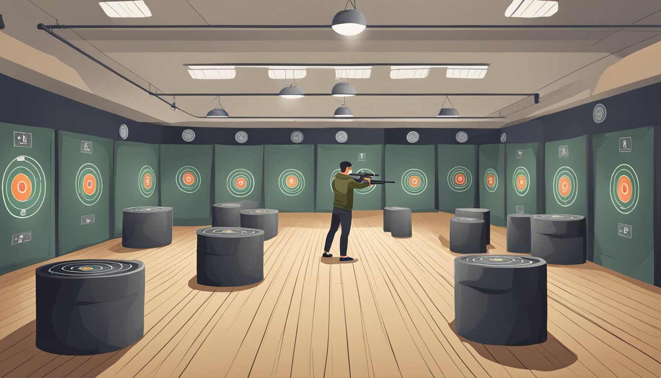 A shooting range with various targets set up at different distances. A person is seen practicing shooting with a firearm while standing in a stable and balanced position