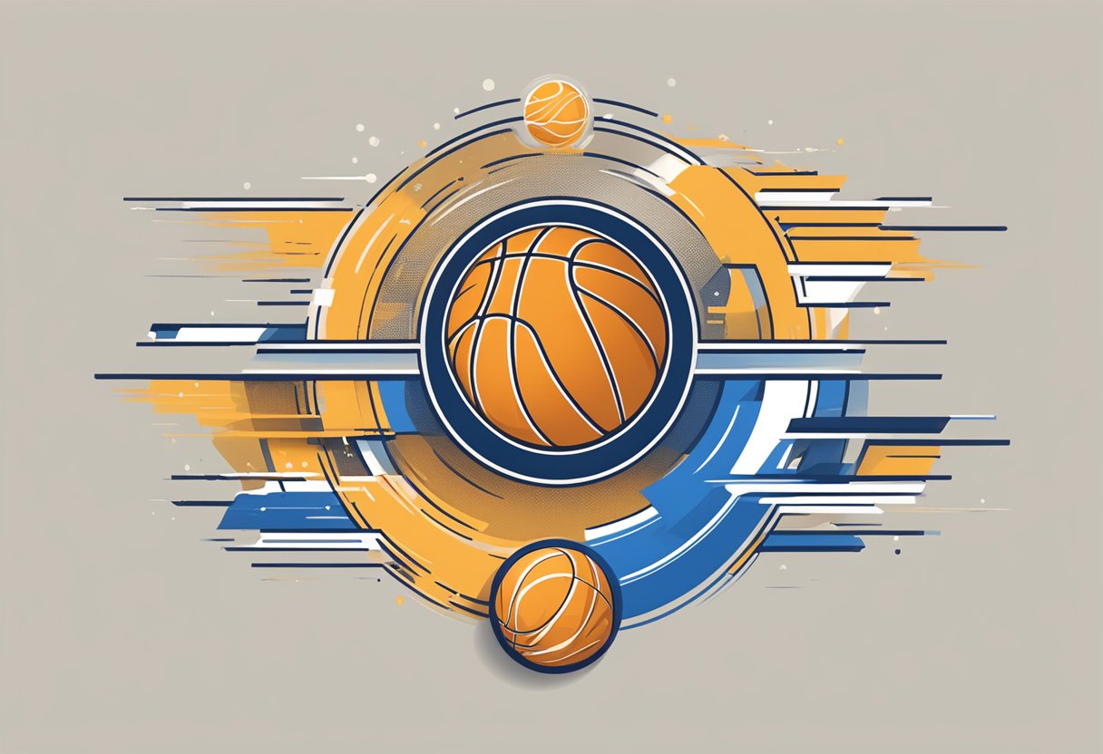 A basketball bouncing across various team logos, with a trail of footsteps leading to an empty jersey