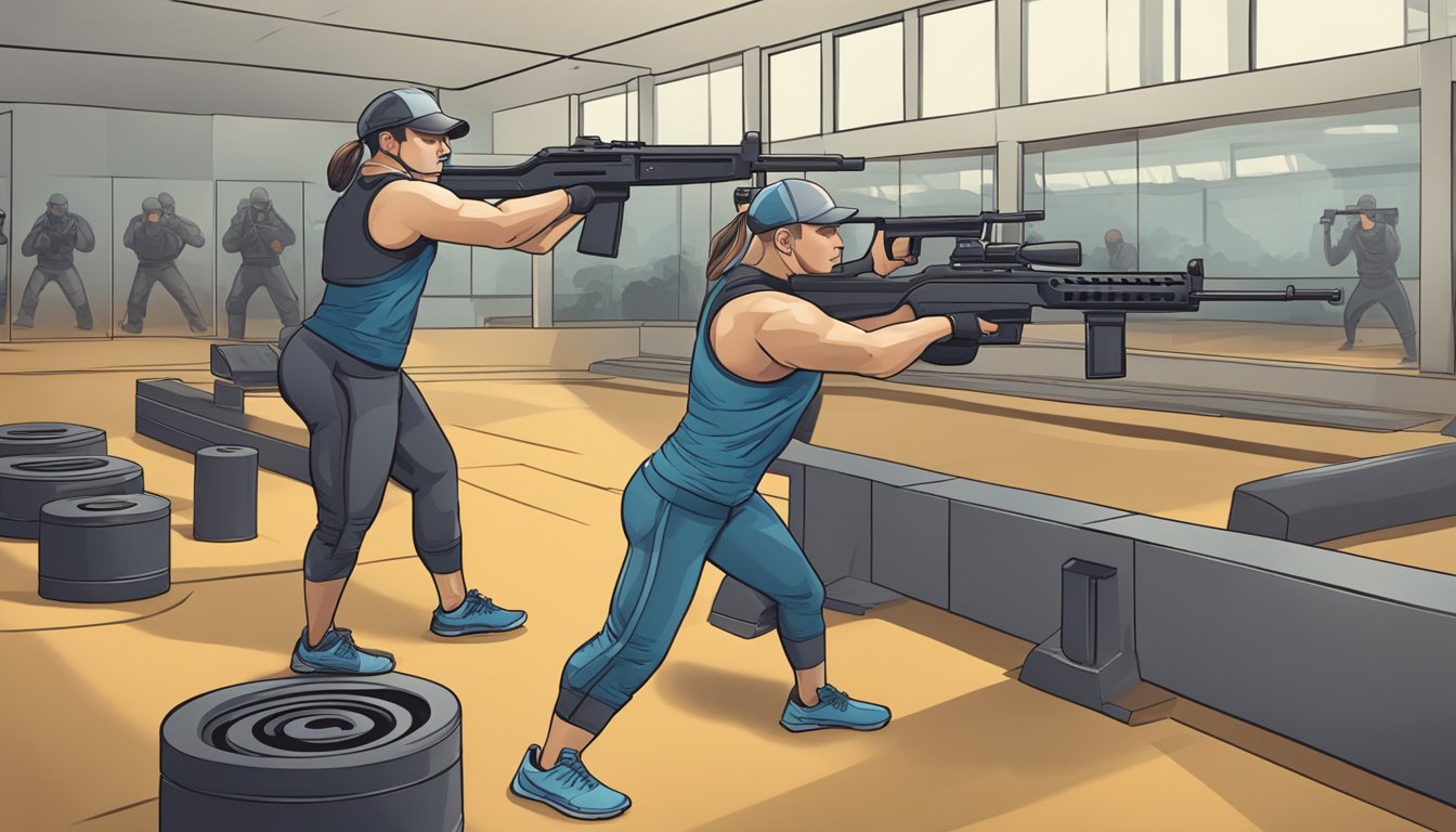 A figure in athletic gear performs stability exercises with a firearm on a shooting range. Targets in the background indicate the focus on improving accuracy and endurance