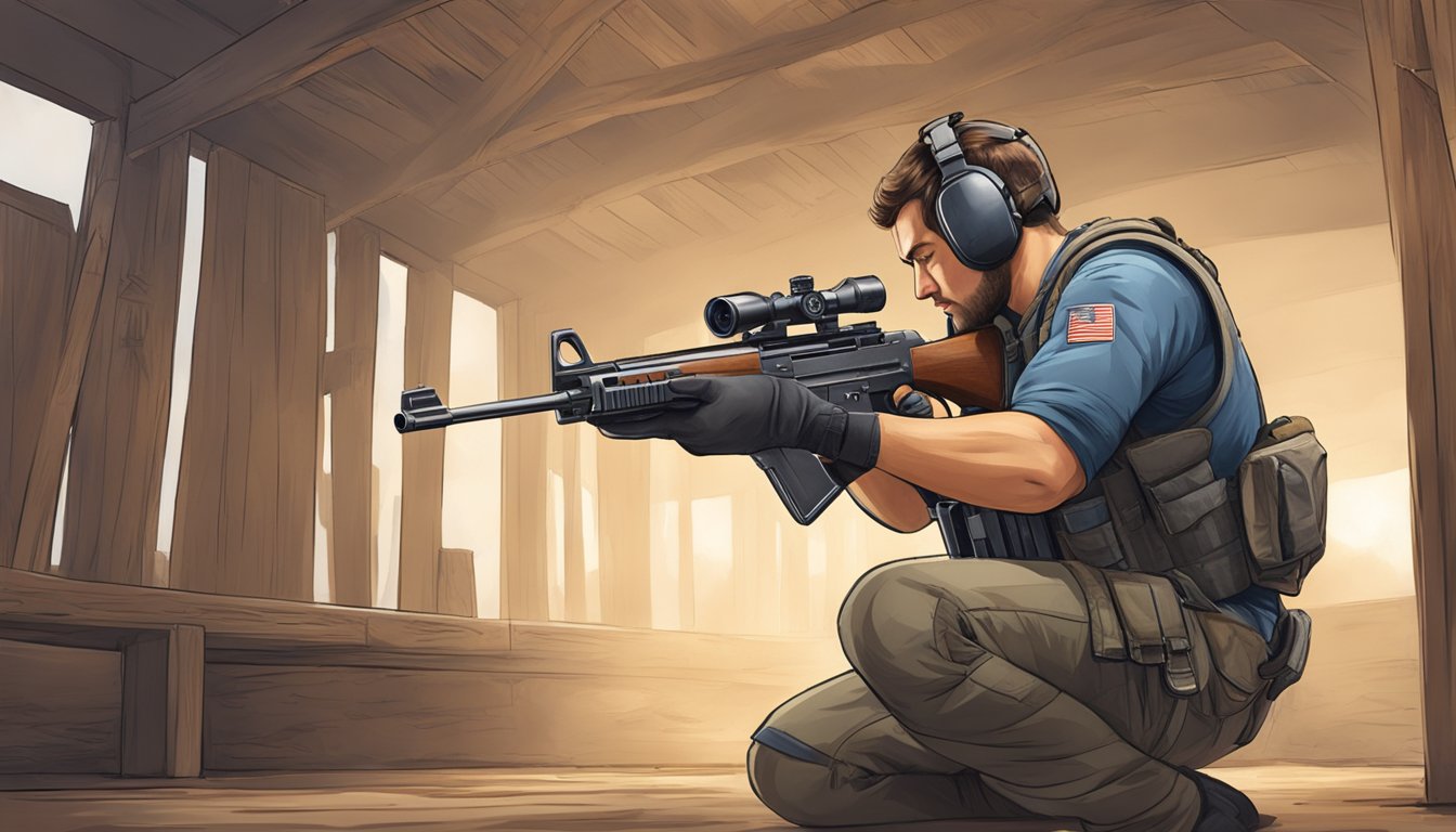 A shooter stands in a stable position, feet shoulder-width apart. They hold a firearm with both hands, aiming at a target. Their body is relaxed, and they focus on their breathing and grip