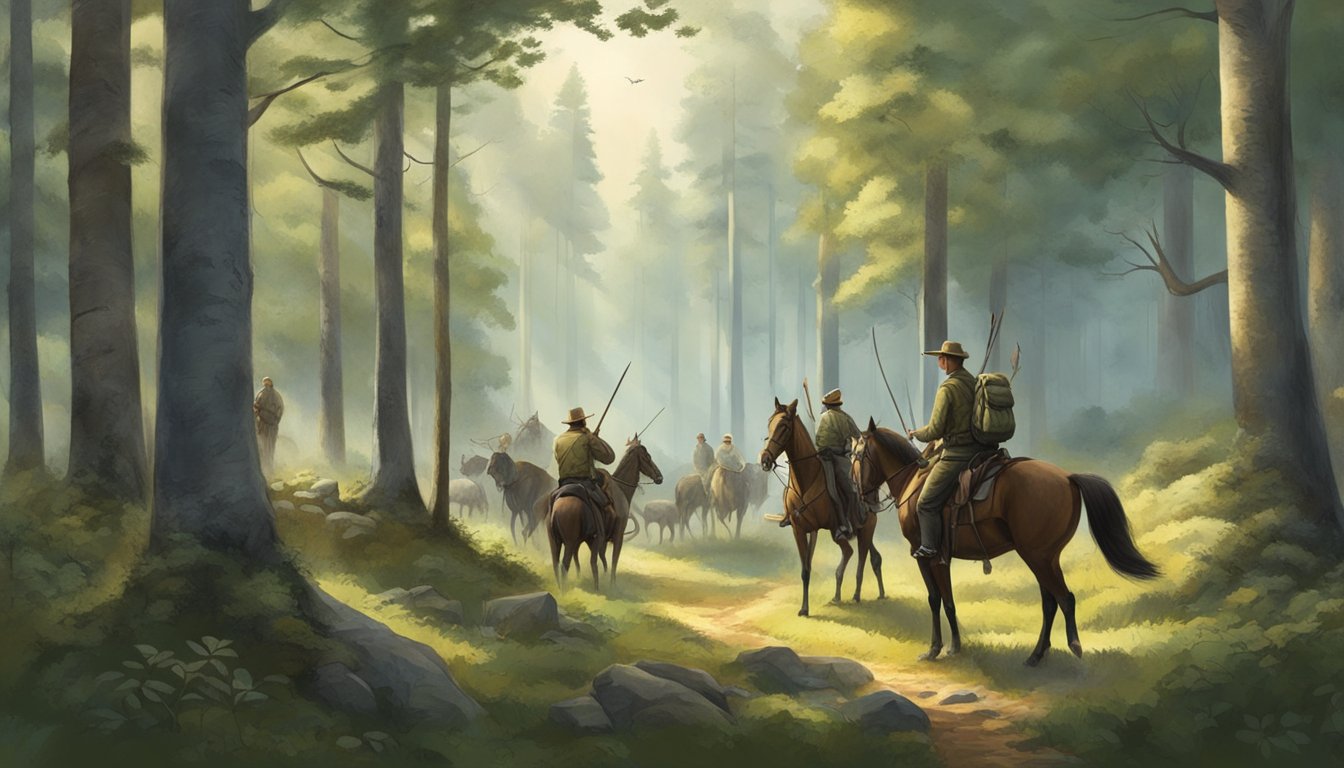 A serene forest clearing with a group of hunters showing respect for nature and each other, surrounded by wildlife and natural beauty