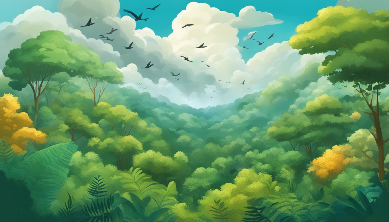 A lush forest with diverse plant life, birds in flight, and changing cloud formations indicating impending weather changes