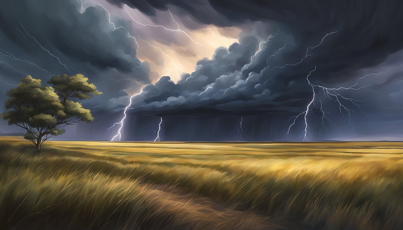 Dark storm clouds gather over a vast open field, as lightning streaks across the sky and strong winds bend the trees