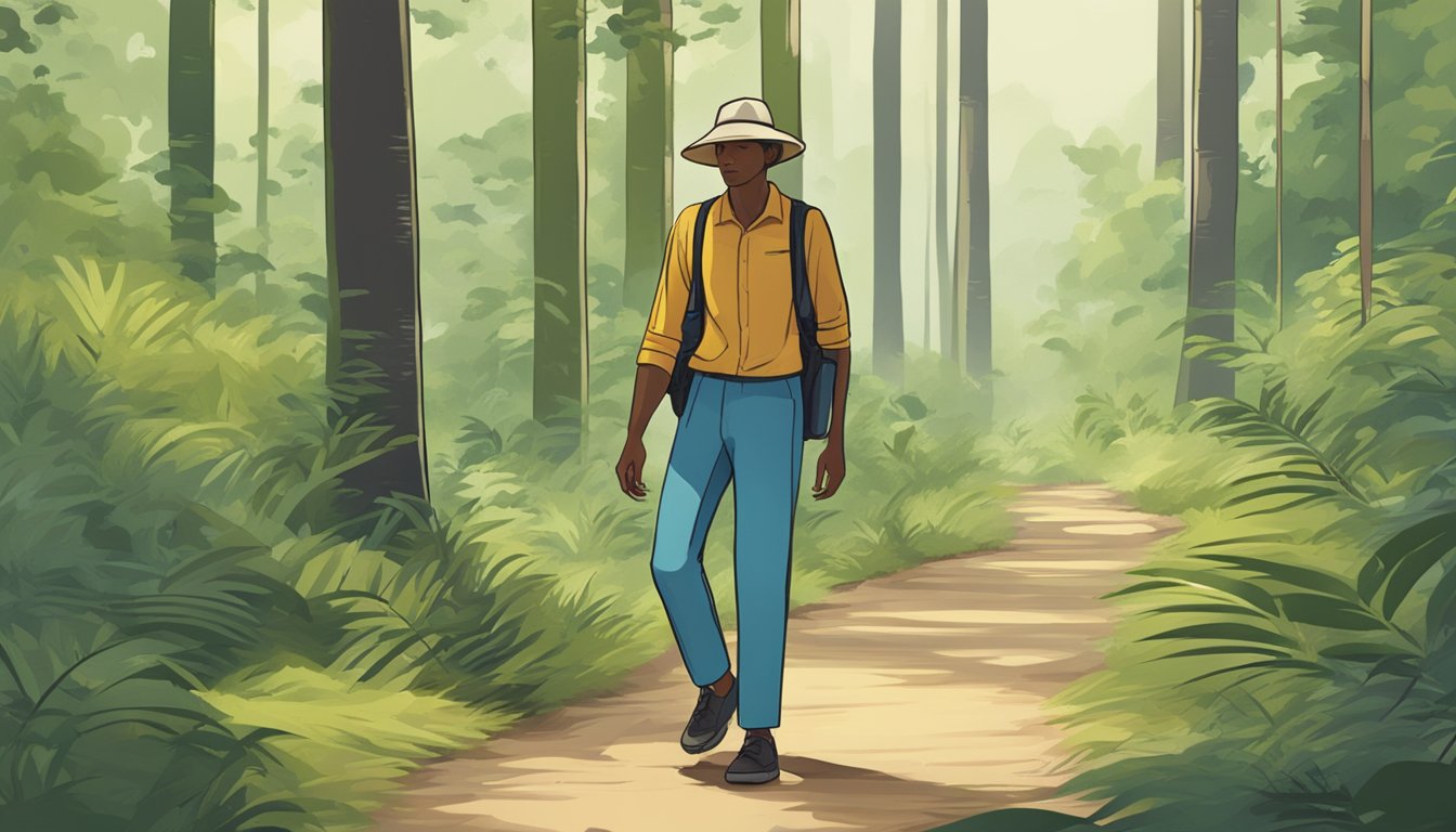 A person wearing long pants, closed-toe shoes, and using insect repellent while walking in a wooded area