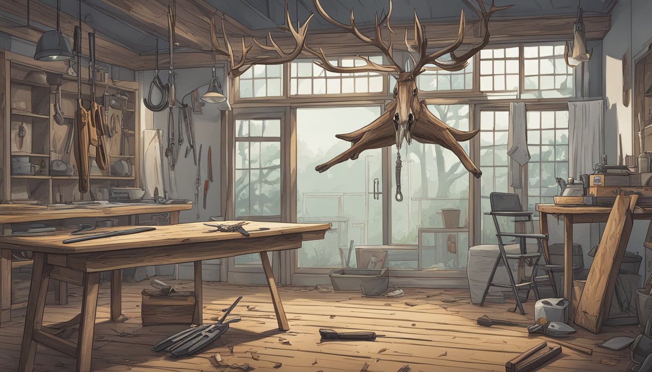 A deer carcass hangs from a tree, surrounded by tools and a clean work area. Blood-stained handsaw and knife lay nearby