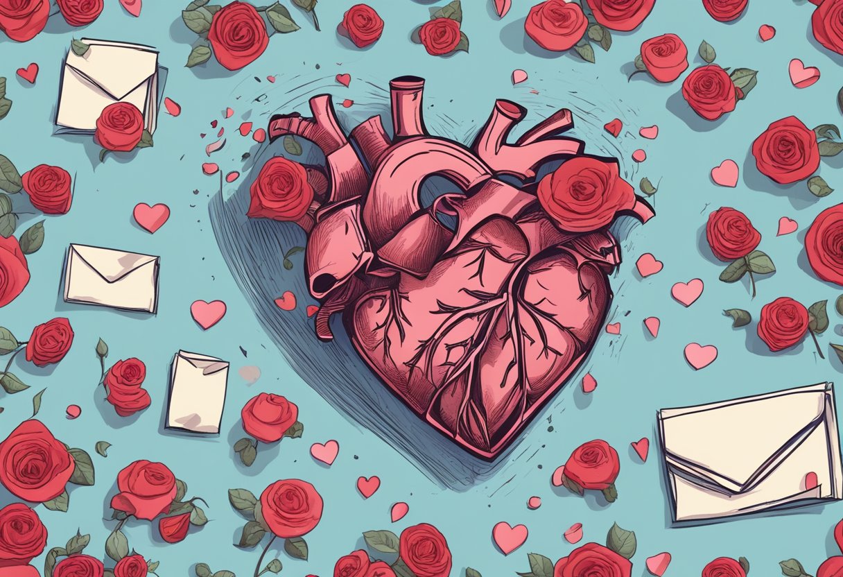 A broken heart surrounded by wilting roses and scattered love letters