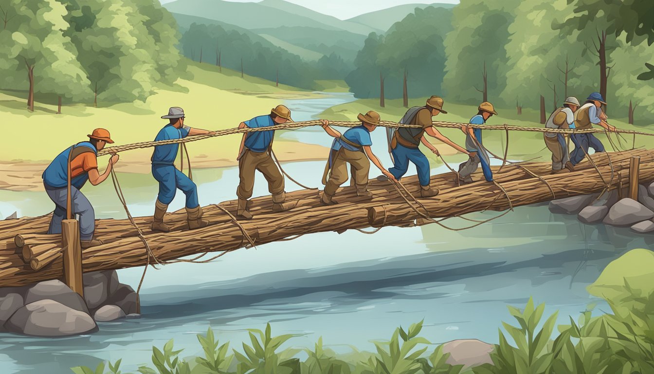 A group of individuals construct a makeshift bridge using logs and ropes to cross a wide river