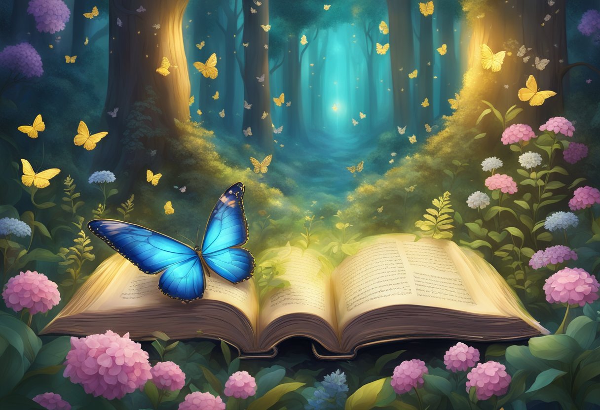 A magical forest glows with soft light as a golden key hovers above an ancient book, surrounded by delicate flowers and fluttering butterflies