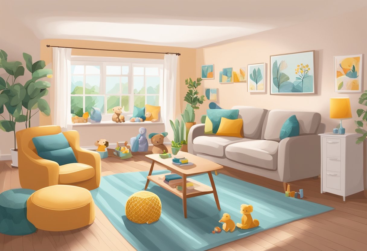 A cozy living room with a nursery corner, filled with baby furniture and toys. A family photo on the wall shows a couple with their newborn