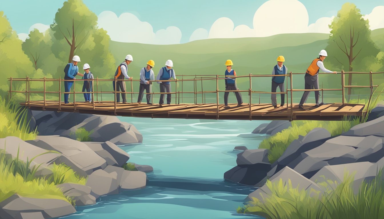 A group of engineers construct a makeshift bridge over a river using available materials. They carefully observe the water flow and test the stability of the structure