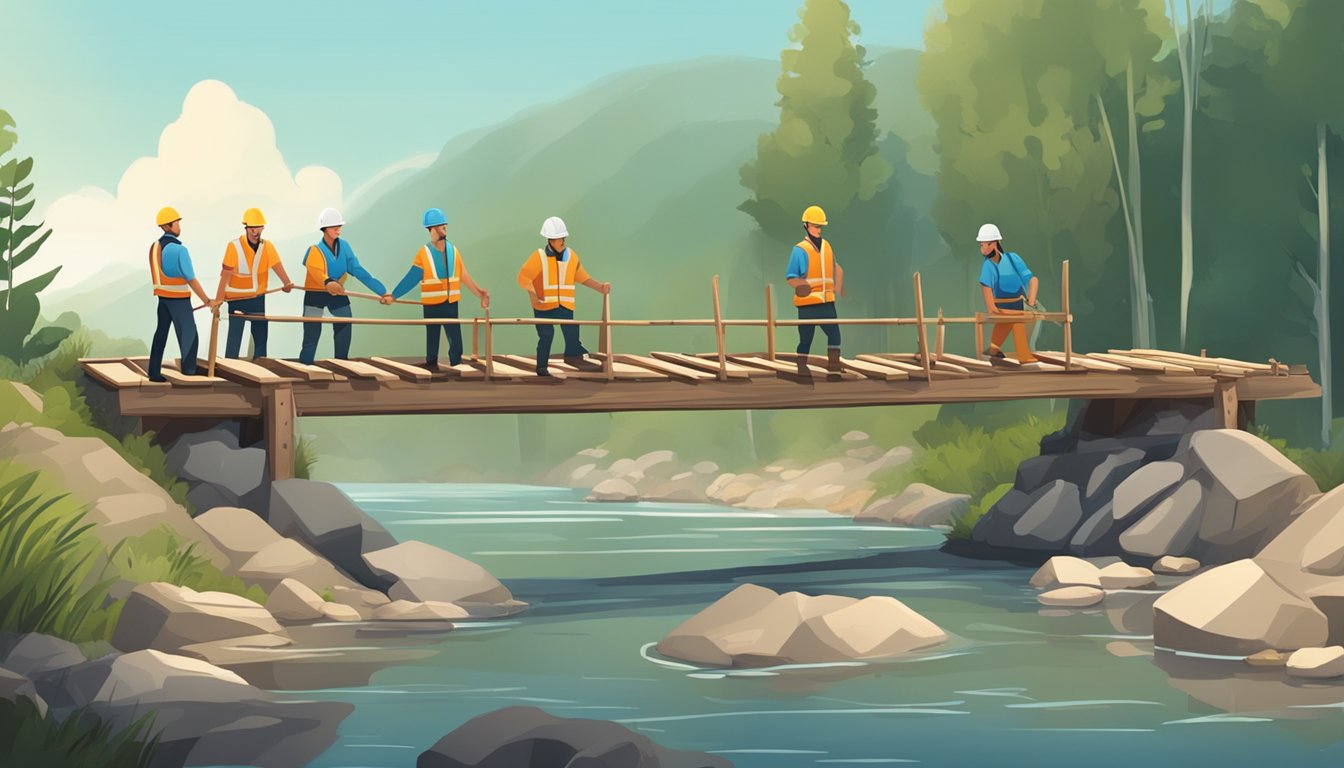 A group of engineers construct a makeshift bridge over a river using local materials and innovative methods