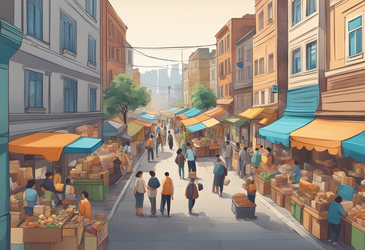 A bustling city street with people engaged in various side hustles such as selling handmade crafts, offering services, and setting up small market stalls