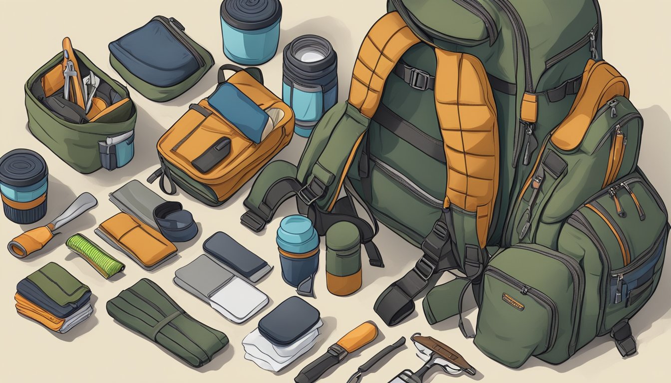 A hunter packing gear into a backpack, carefully organizing and minimizing their impact on the environment