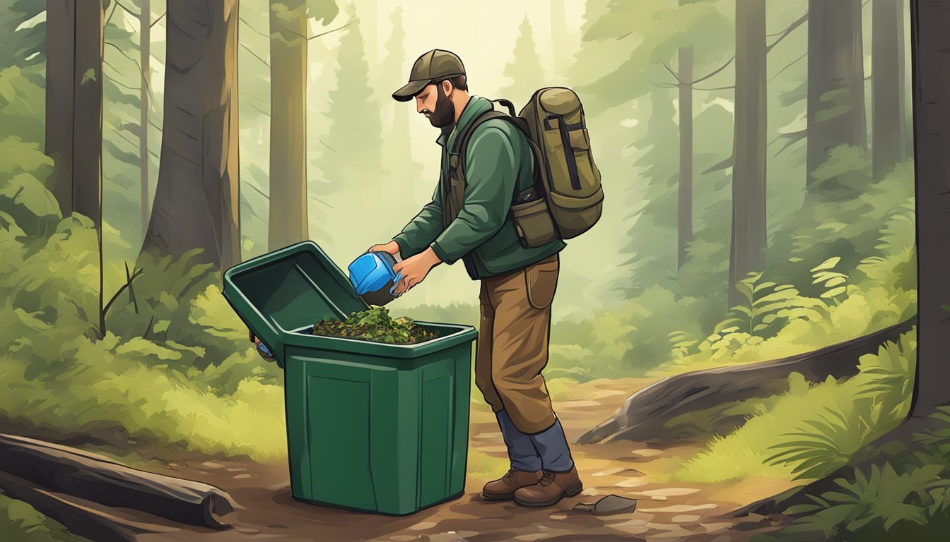 A hunter carefully disposing of waste in a designated trash bin in a pristine forest setting