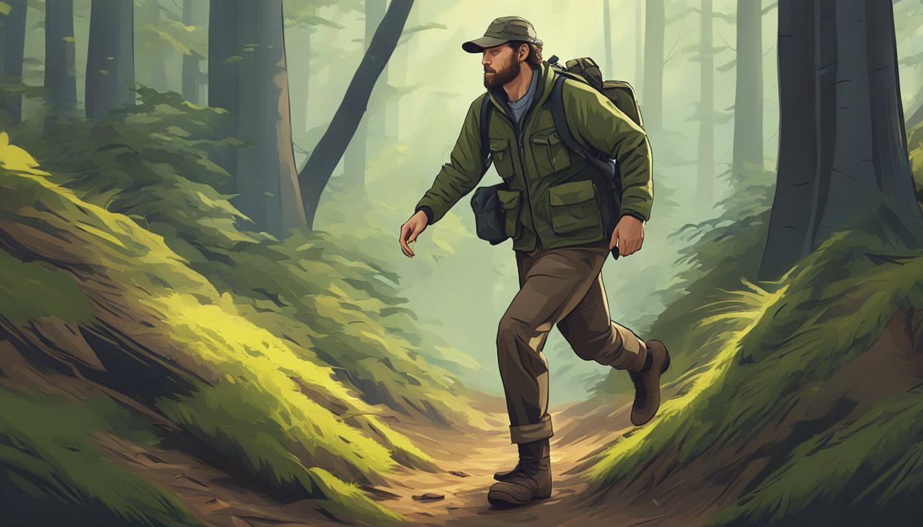 A hunter walking through the forest, carefully stepping over fallen branches and avoiding disturbing the natural surroundings