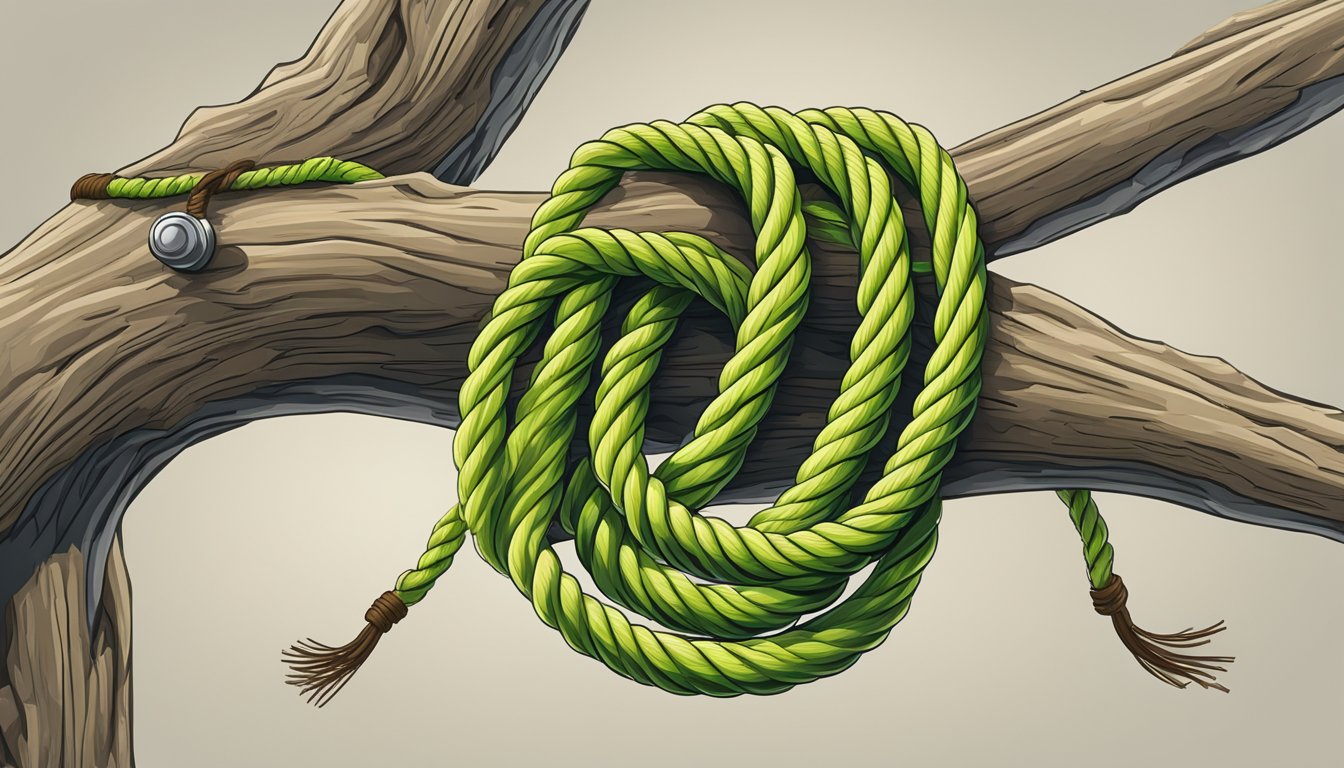 A taut rope with a secure knot tied around a tree branch, with additional coils and loops on the ground