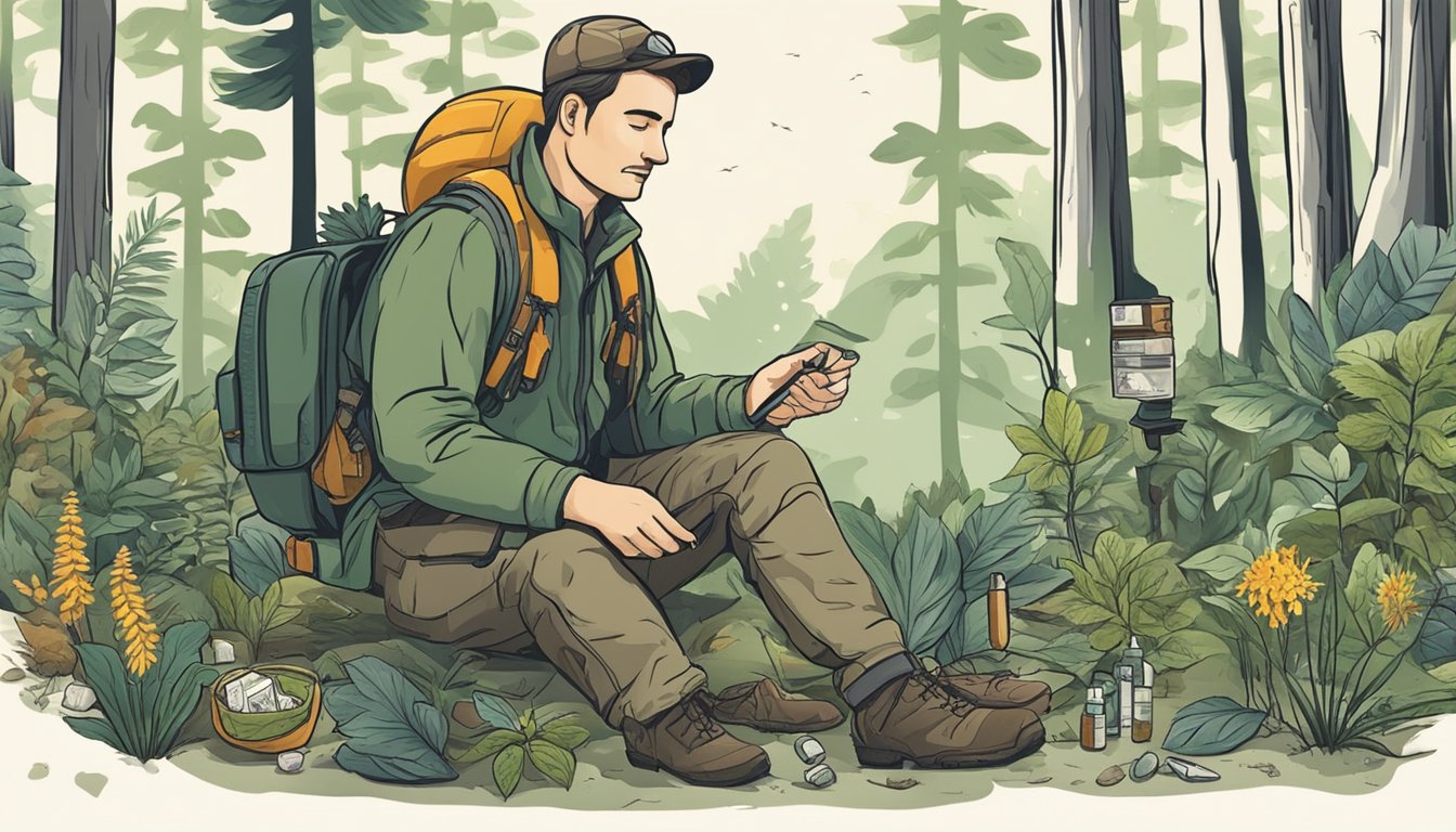 A hunter sits in a forest, surrounded by various medicinal plants. They are preparing and organizing their personal first aid kit, using nature's pharmacy to ensure they are prepared for any emergencies