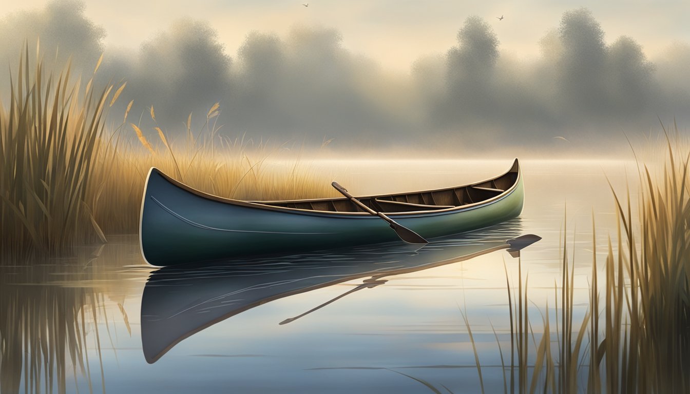 A canoe glides silently through a misty marsh, surrounded by tall grasses and waterfowl. The paddle dips into the calm water, creating ripples in the reflection of the sky