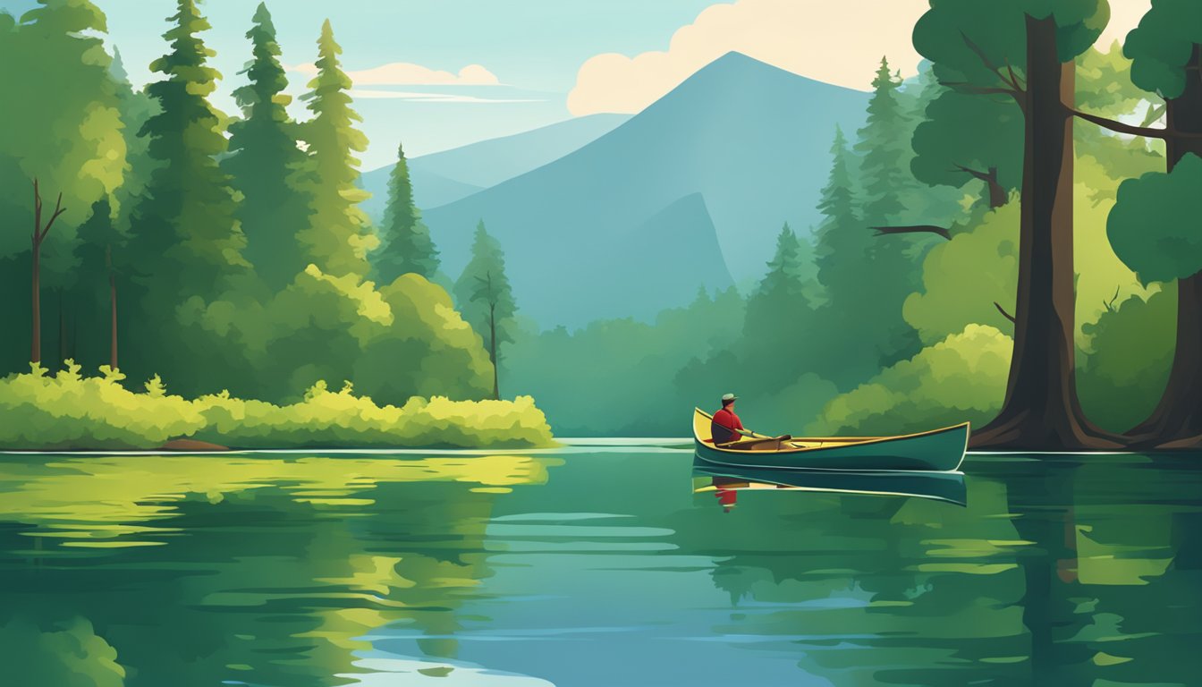 A canoe glides through calm, reflective water, surrounded by lush greenery and tall trees. The surface is smooth, with no ripples in sight