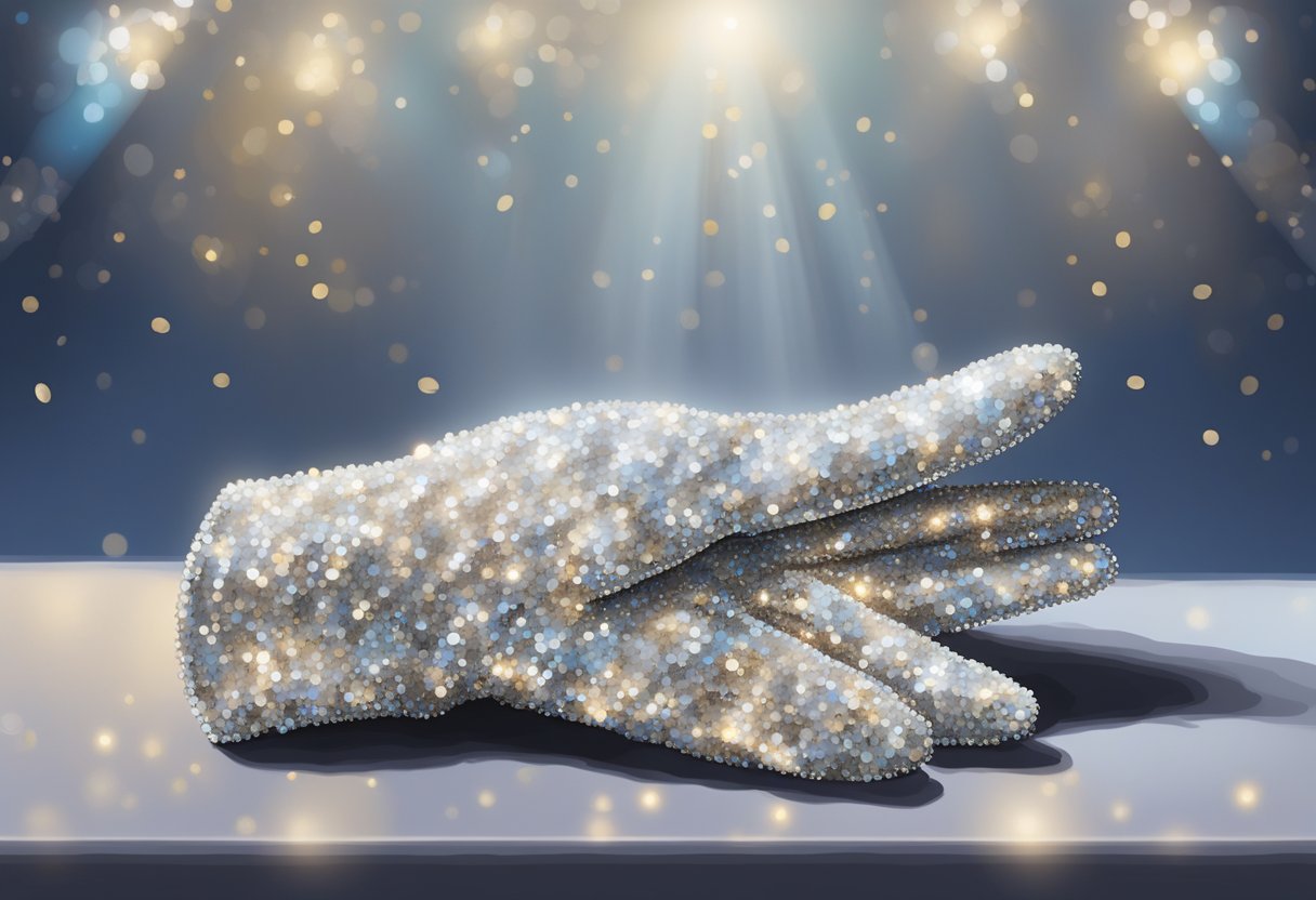 Michael Jackson's iconic sequined glove lies abandoned on a glittering stage, overshadowed by a single, delicate white glove