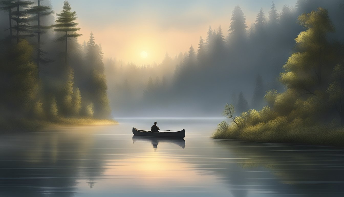 A calm lake at dawn, a lone canoe gliding silently through misty waters, surrounded by dense forest and wildlife