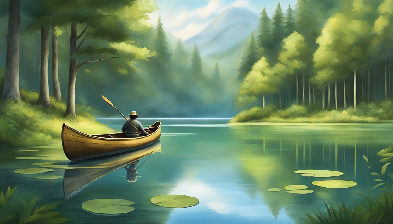 A serene lake surrounded by lush greenery, with a canoe gliding silently across the calm water, showcasing the harmony between nature and traditional hunting techniques