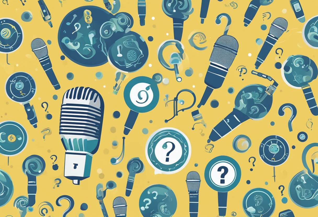 A silhouette of a microphone with a spotlight shining on it, surrounded by swirling question marks and medical symbols