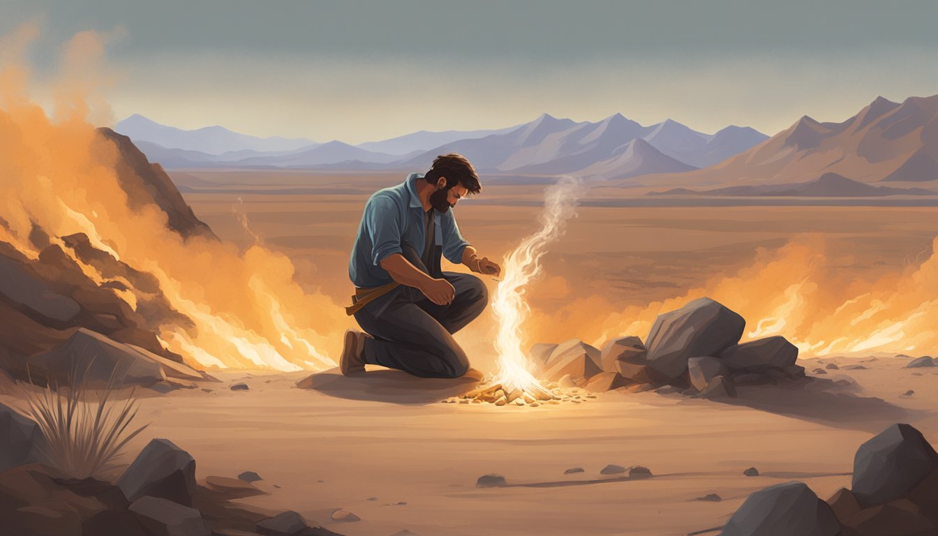 A figure kneeling beside dry brush, striking flint to ignite sparks and kindle a small fire. Smoke rises against a backdrop of parched earth and distant mountains