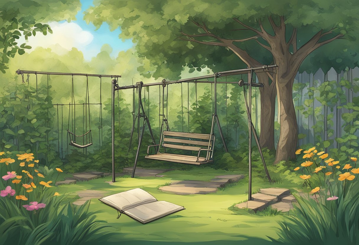 A deserted, overgrown garden with a neglected swing set and a weathered, forgotten journal lying open on the ground