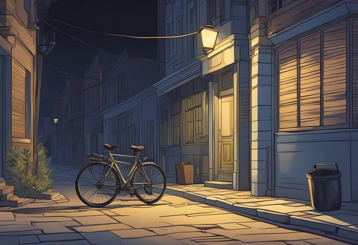 A deserted street at night, a broken bicycle lying on the ground, and a shadowy figure lurking in the background