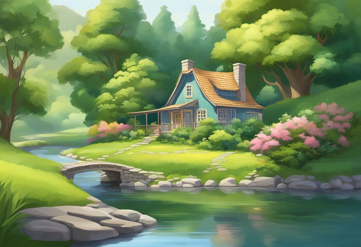 A serene countryside with a winding river, lush greenery, and a quaint cottage nestled among the trees