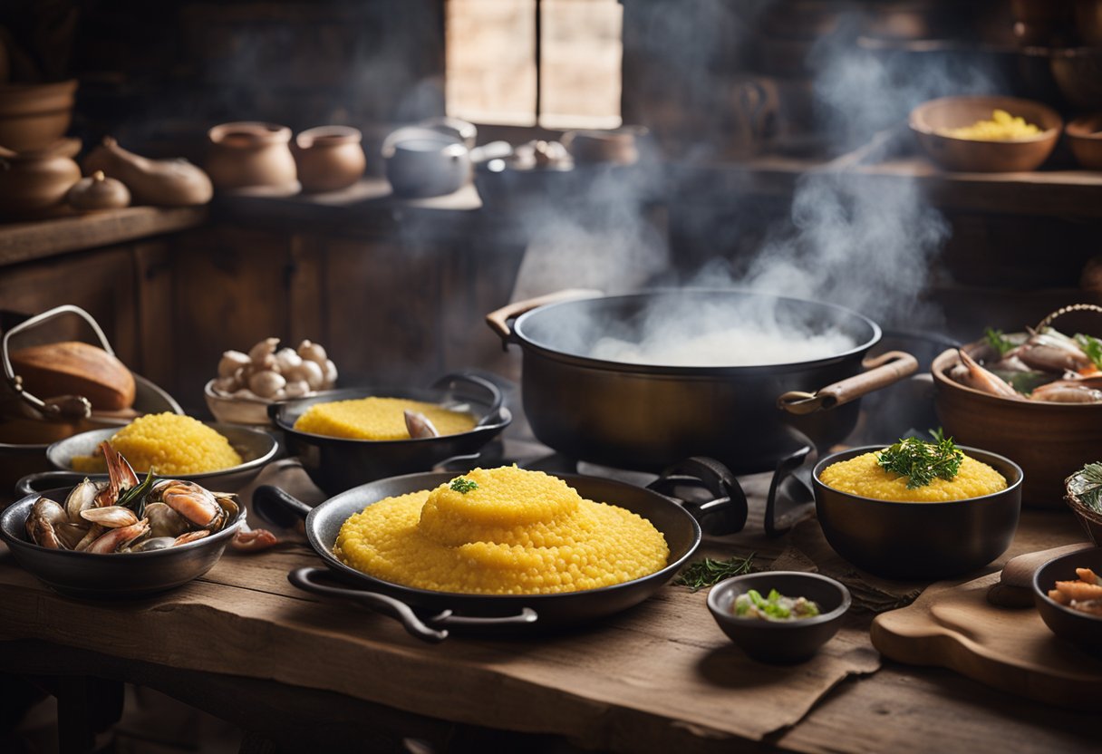 Uma cozinha rústica com uma panela fumegante de polenta e uma variedade de frutos do mar frescos dispostos sobre uma mesa de madeira, cercada por utensílios e panelas tradicionais venezianas.