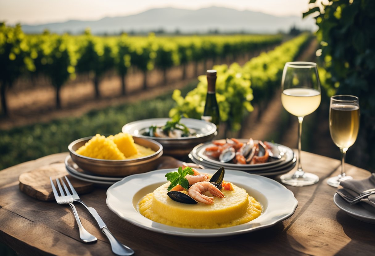 Uma mesa rústica com uma tigela fumegante de polenta cremosa e um prato de frutos do mar frescos, cercada por vinhedos e colinas ondulantes na região do Vêneto, na Itália.