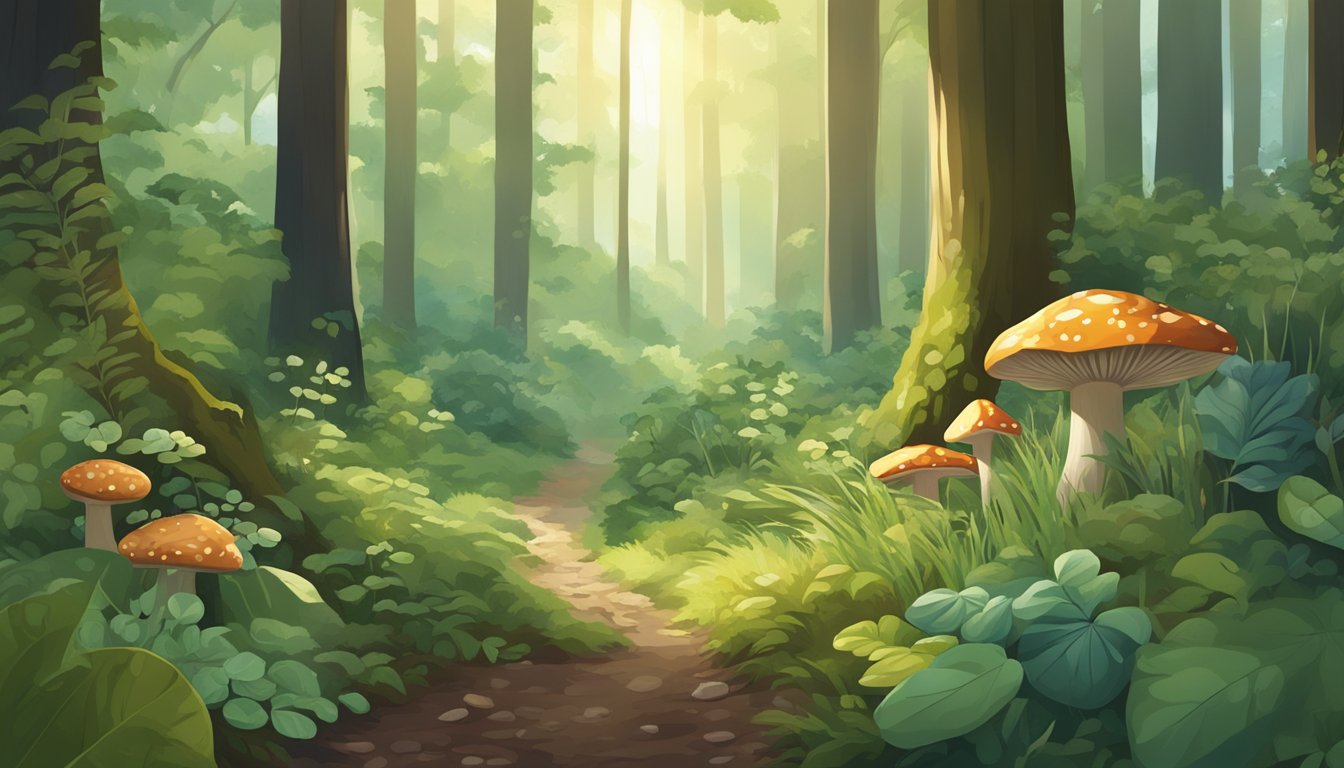 A lush forest floor with a variety of wild edible plants, including berries, mushrooms, and leafy greens, surrounded by tall trees and dappled sunlight