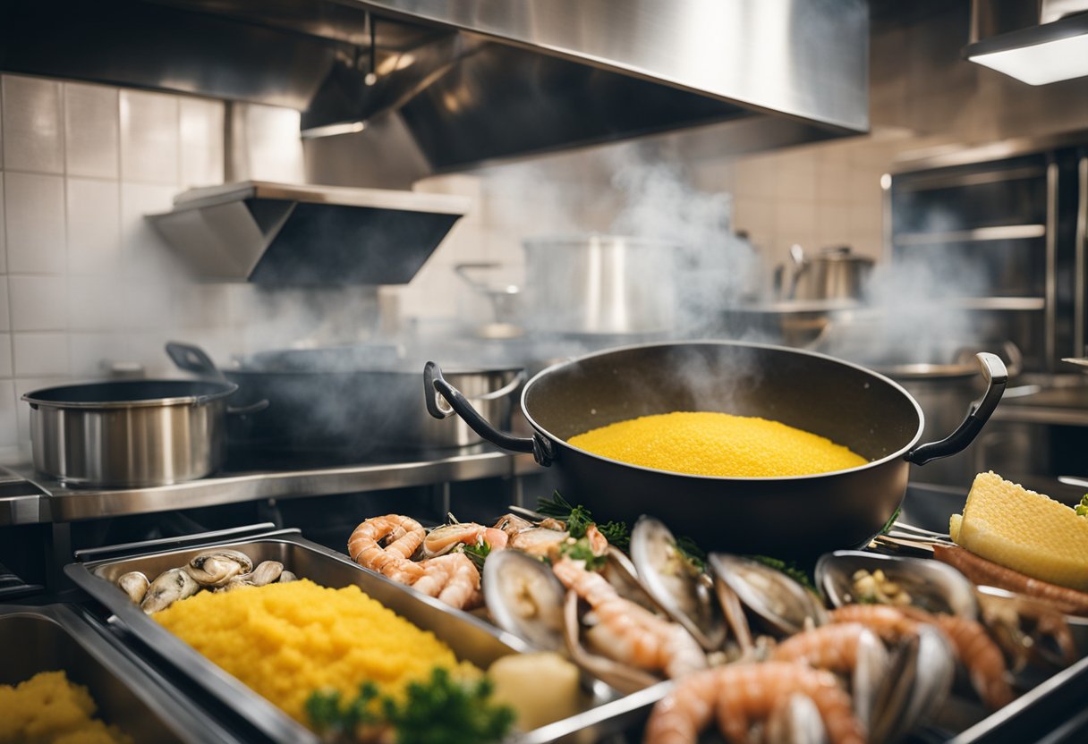 Uma cozinha veneziana com uma panela fumegante de polenta e uma variedade de frutos do mar frescos prontos para serem cozidos