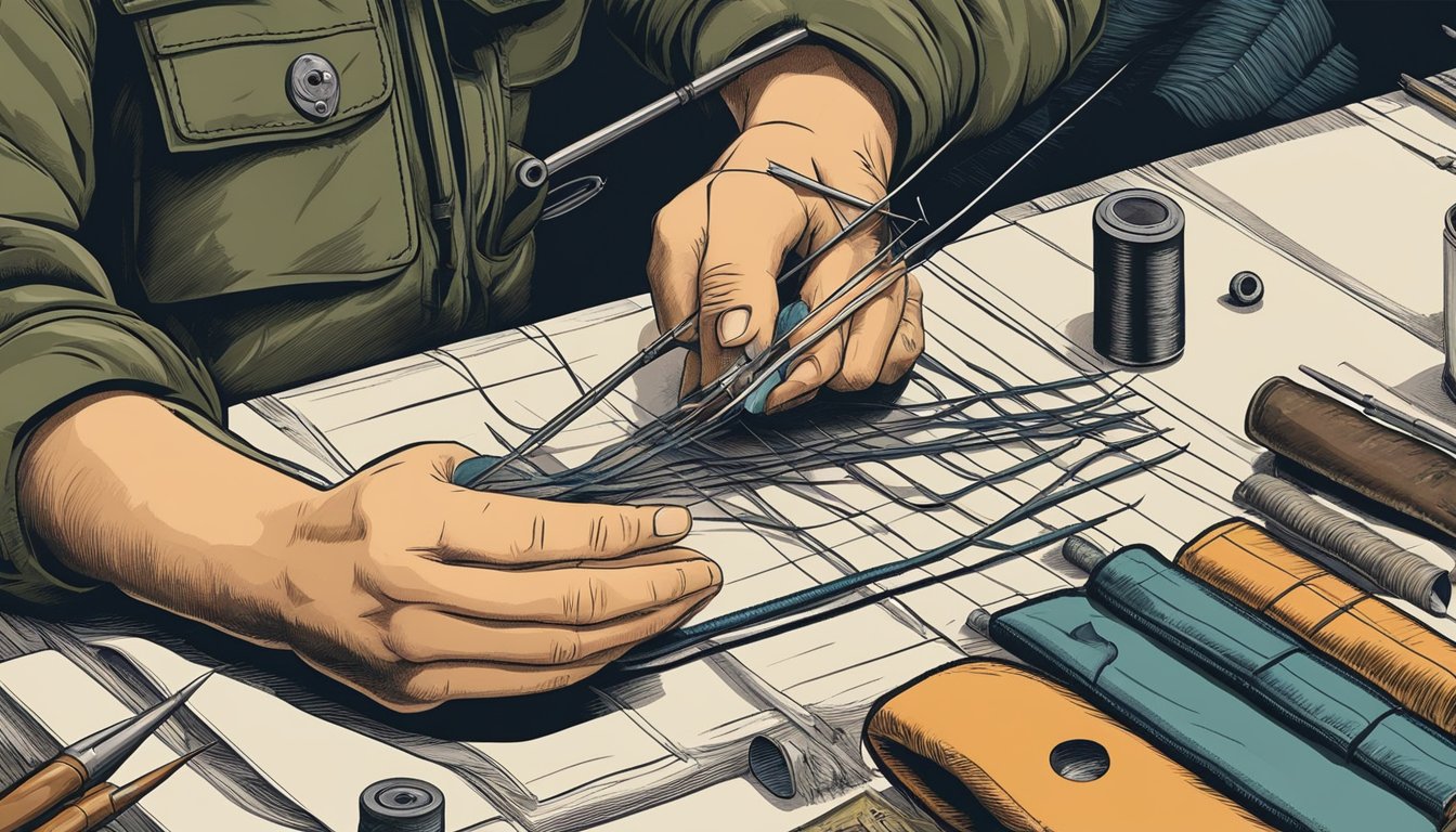 A hunter's hand skillfully weaves a thread through a needle's eye, surrounded by tools for field tasks