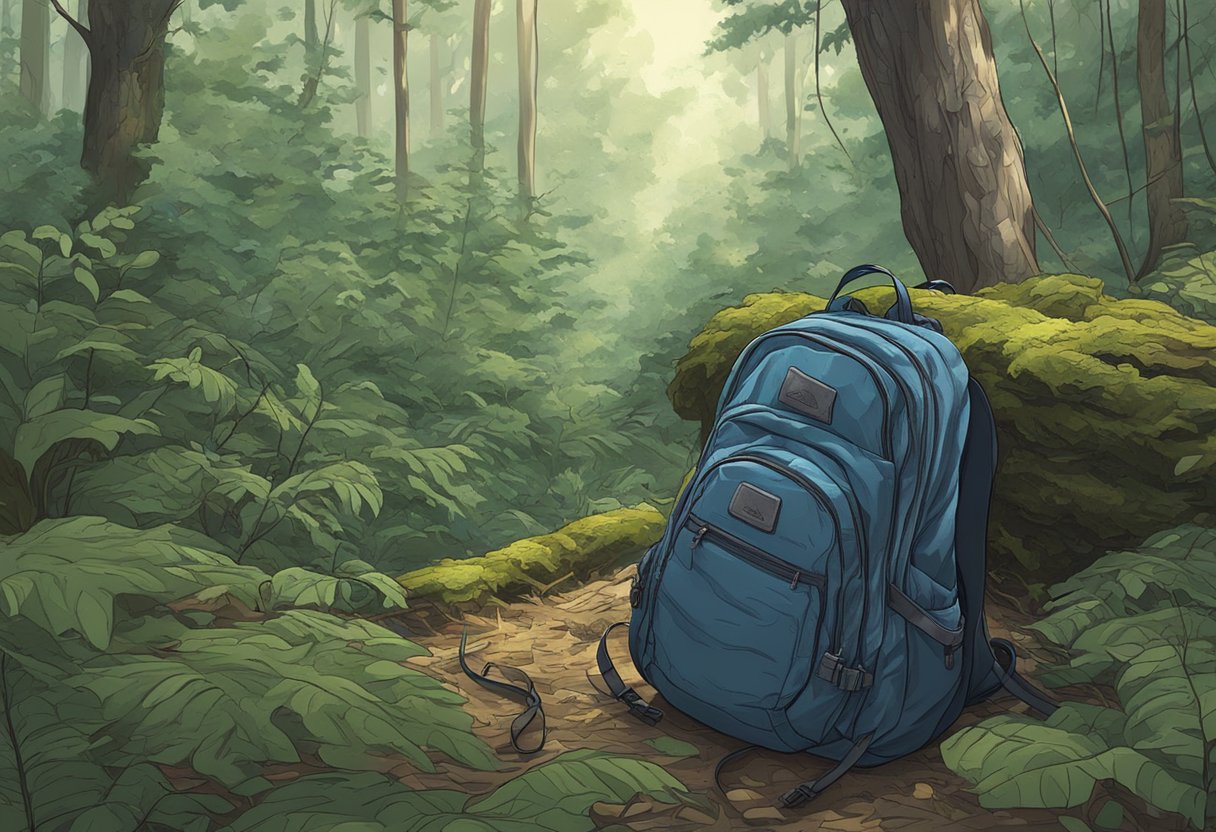 Javi's abandoned backpack lies in the dense forest, surrounded by ominous trees and tangled underbrush. A sense of unease lingers in the air