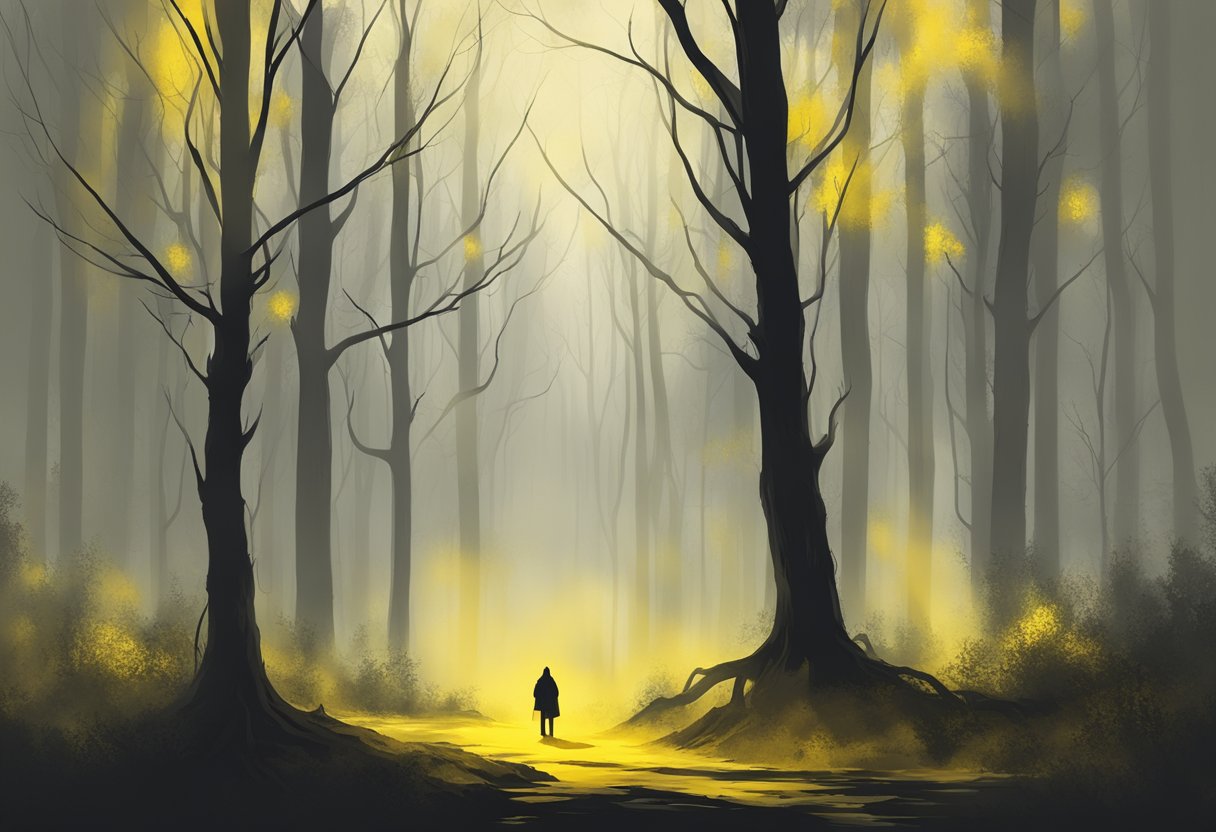 A dark forest with a lone figure, surrounded by eerie yellow mist