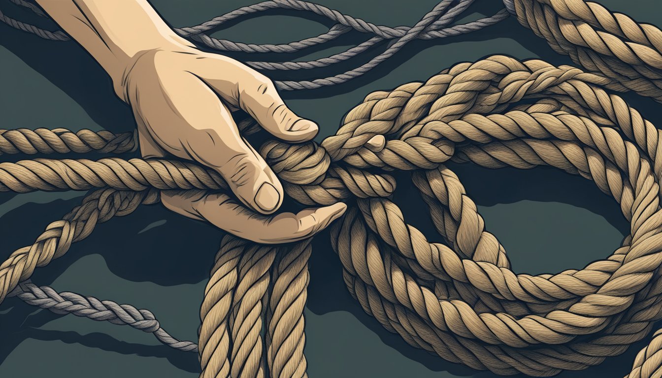 A hunter's hand skillfully tying knots in thick rope