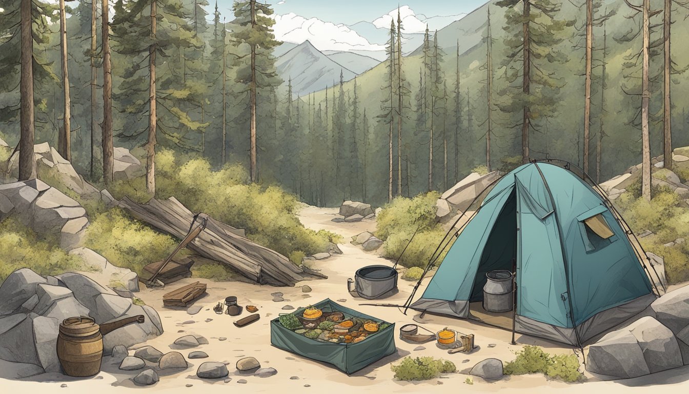 A rugged wilderness landscape with a makeshift shelter, foraged food, and essential survival tools scattered around