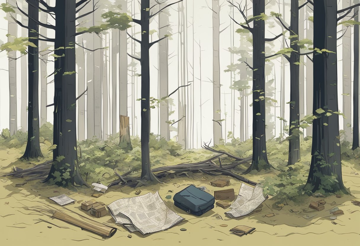 A deserted forest clearing with scattered belongings and a torn map, hinting at a mysterious disappearance