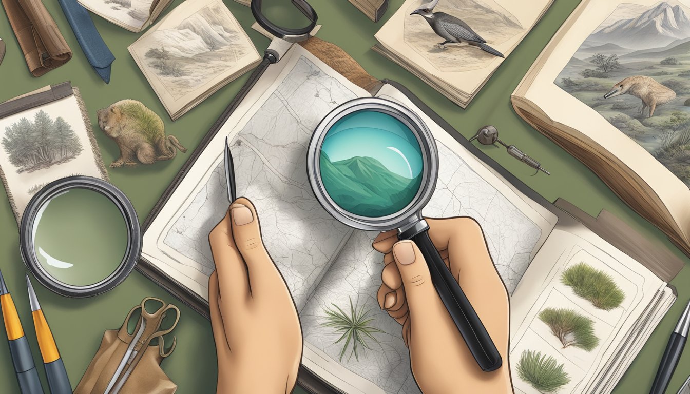 A close-up of a hand holding a magnifying glass over a detailed wildlife illustration, surrounded by field guides and tracking tools