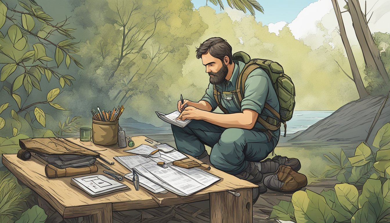 A survivalist surrounded by natural elements, making calculations on a makeshift table using found materials