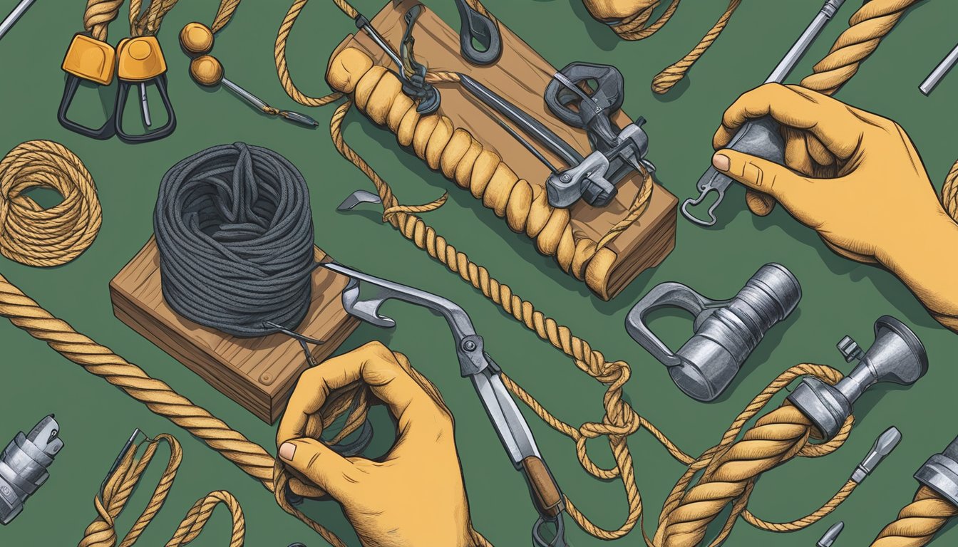 A hunter's hand deftly ties a complex knot in a thick rope, surrounded by tools and equipment for outdoor tasks