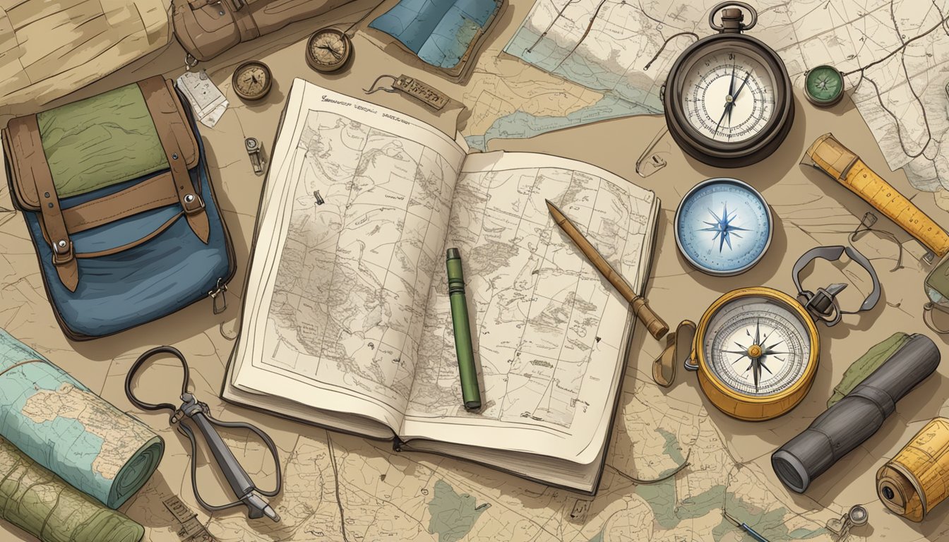 A detailed illustration of a wilderness setting with a survival kit, compass, map, and various mathematical calculations scattered around