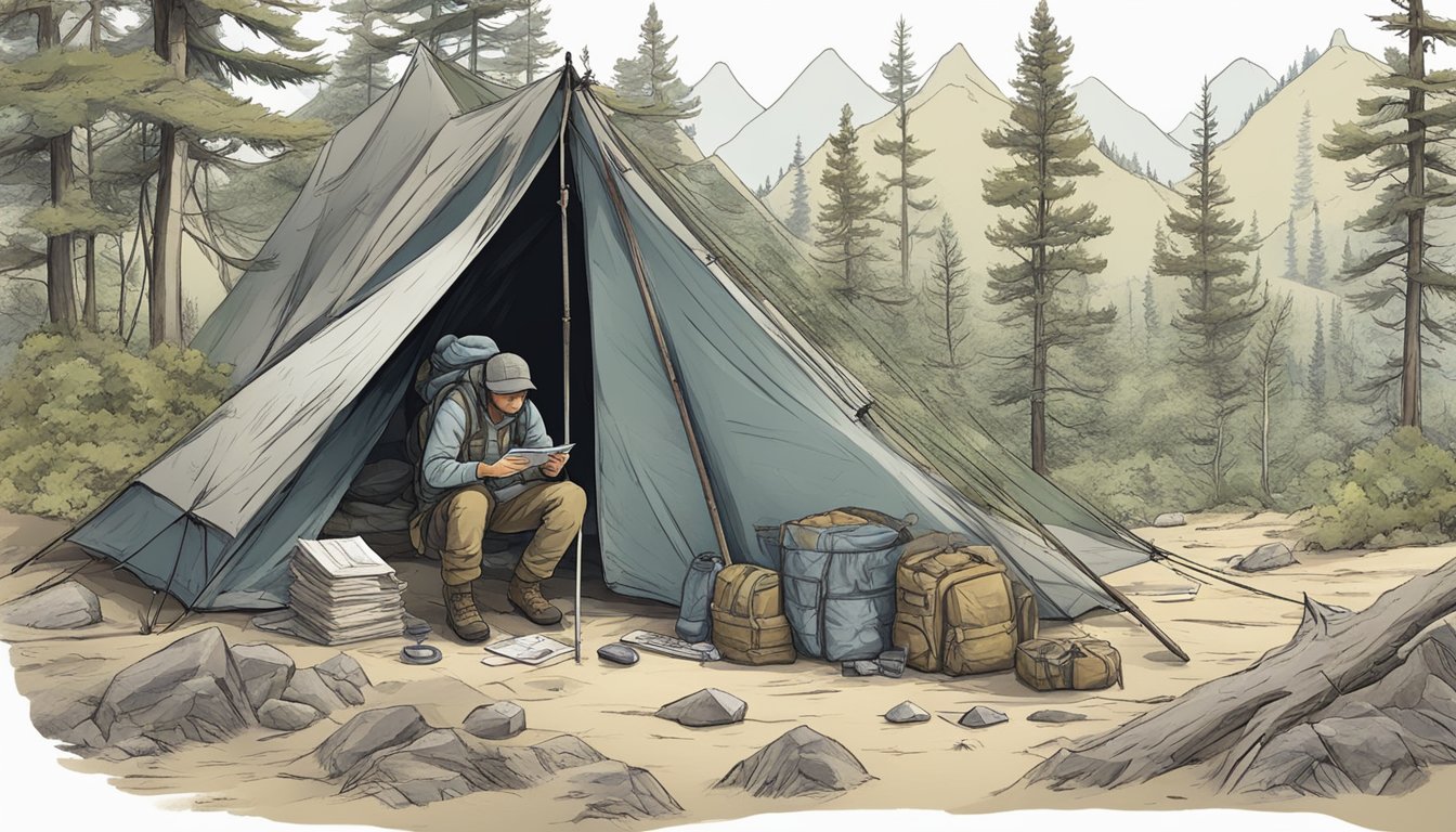 A rugged wilderness with a survivalist using math to navigate, build shelter, and find food